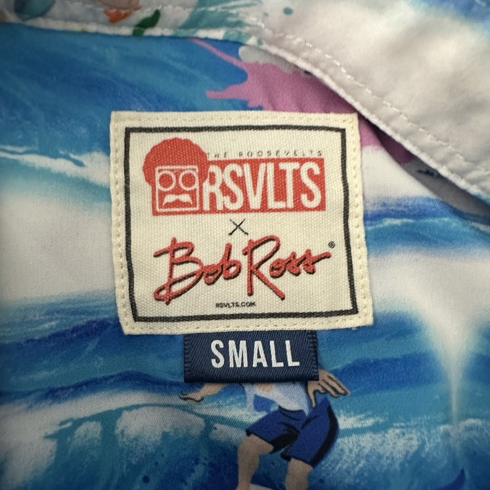 RSVLTS Button Down Short Sleeve Shirt Mens Small Bob Ross Surfs Up Hawaiian - Picture 9 of 10
